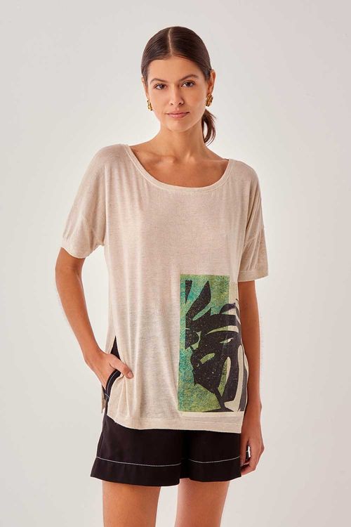 Blusa Malha Silk Folha Localizada - Off White