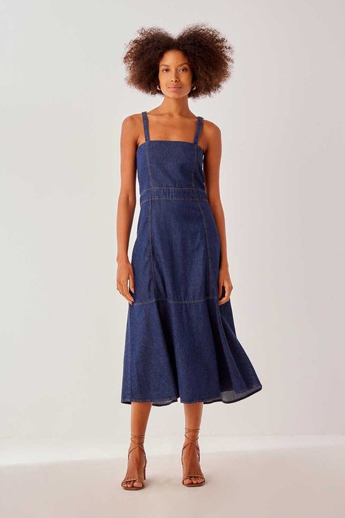 Vestido Jeans Midi Decota Zíper - Jeans