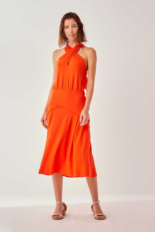 Vestido Midi Decote Cruzado - Laranja Sunset