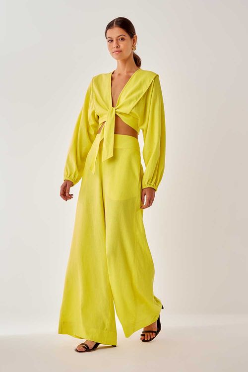 Calça Linho Pantalona Oia - Amarelo Narciso