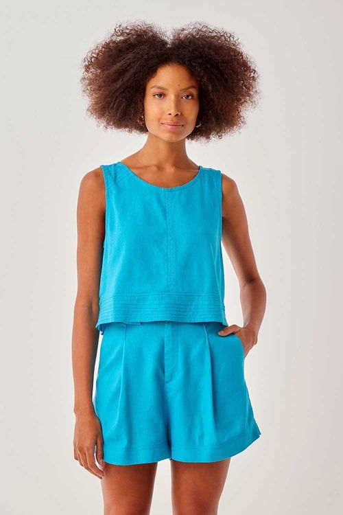 Short Linho Cós Pesponto - Azul Noronha