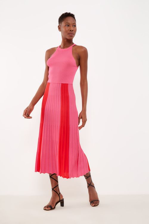 Vestido Tricot Plissada Listras - Rosa Valentino / Bordeaux Momento