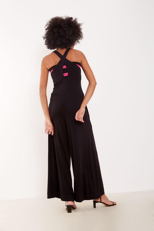 Macacão Malha Faixa Listra - Preto