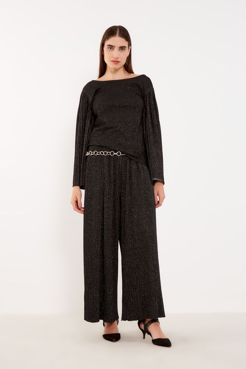 Calça Malha Lurex Plissada - Preto