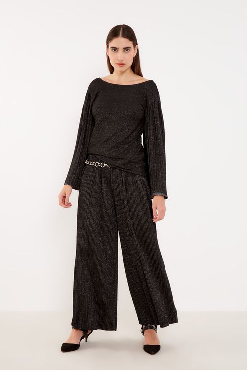 Blusa Malha Manga Plissada - Preto
