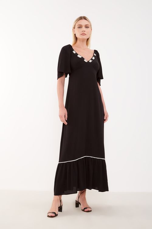 Vestido Bordado Longo - Preto Noite