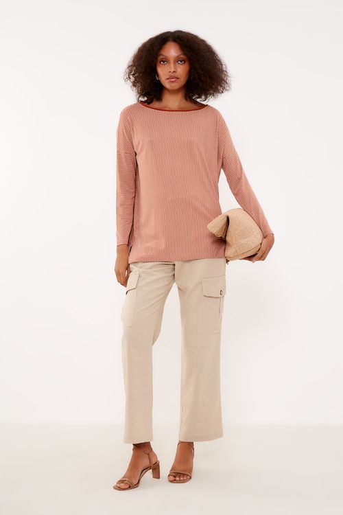 Blusa Malha Listrada Viés - Listra Marrom Amendoa