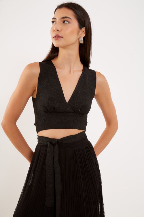 Top Tricot Amarração Lurex - Preto