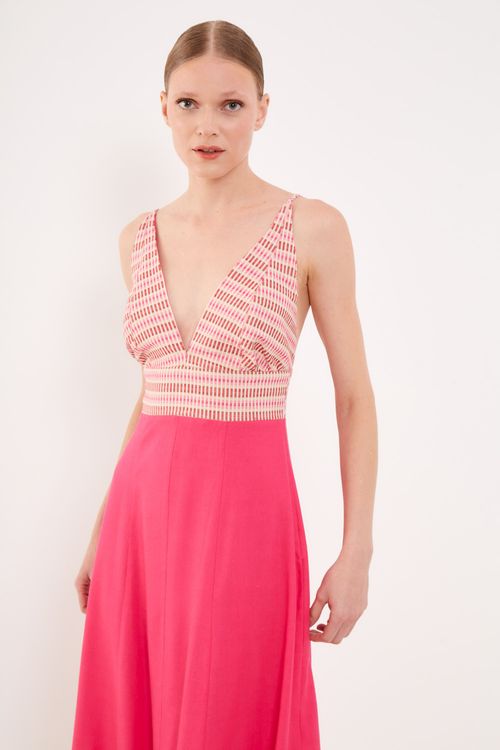 Vestido Midi Decote Bordado - Rosa Fucsia