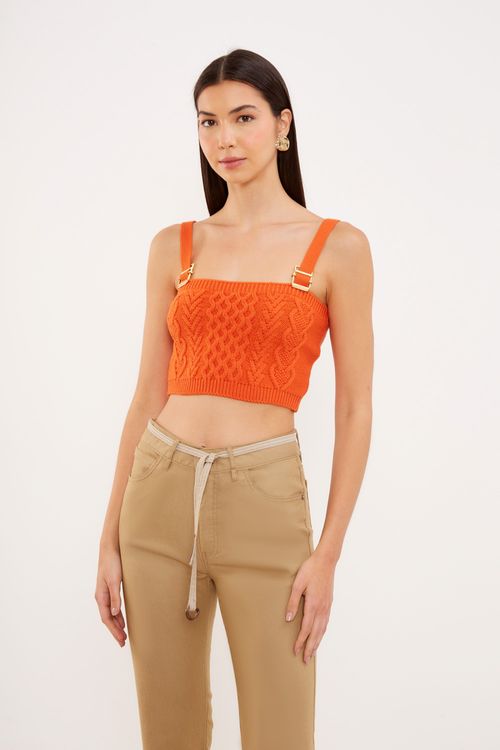 Top Cropped Alça Tricot - Laranja Coral