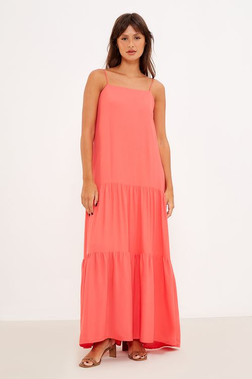 Vestido Longo Fluido Com Fenda - Coral Allure