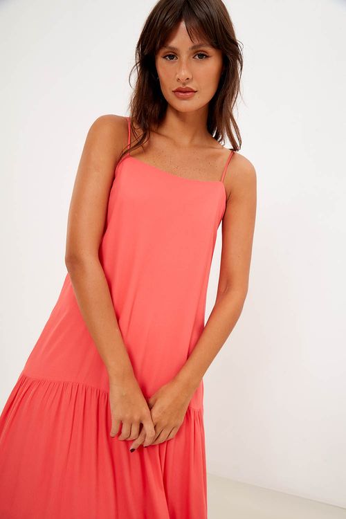 Vestido Longo Fluido Com Fenda - Coral Allure