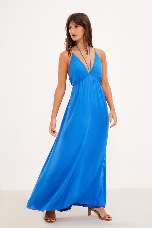 Vestido Longo Busto Amarração - Azul Navegar