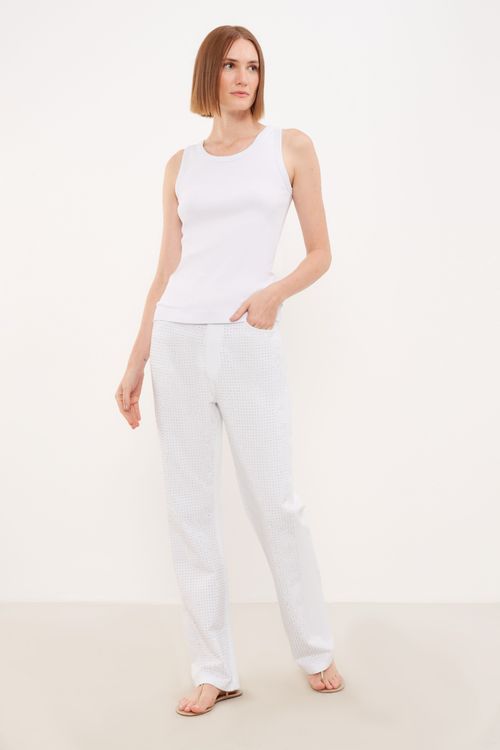 Calça Reta Com Cristal - Branco