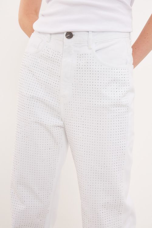 Calça Reta Com Cristal - Branco