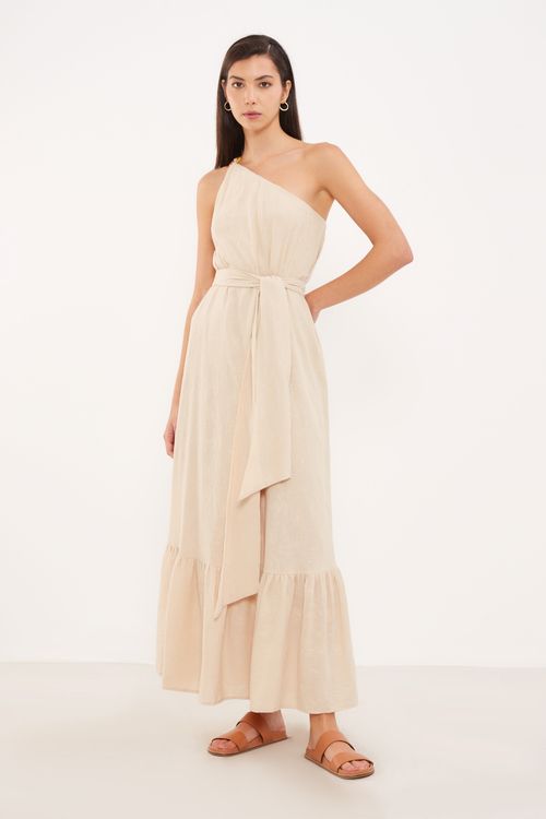 Vestido Longo Ombro Único Arabesco - Bege Vime