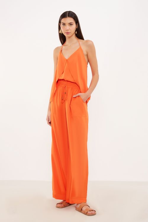 Calça Pantalona Cós Elástico - Laranja Coral