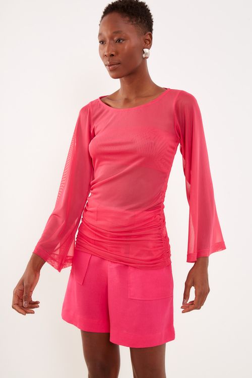 Blusa Malha Tule Manga Ampla - Rosa