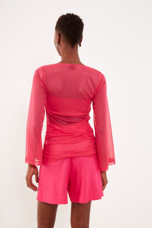 Blusa Malha Tule Manga Ampla - Rosa