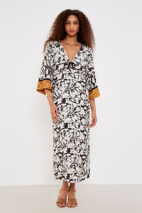 Vestido Estampa Gardênia Barrado Longo - Est Gardenia Barrada
