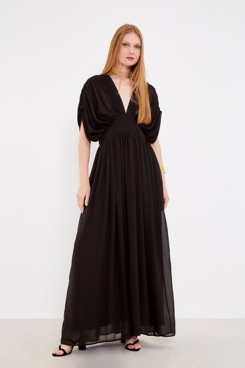 Vestido Longo Com Pala e Franzido - Preto