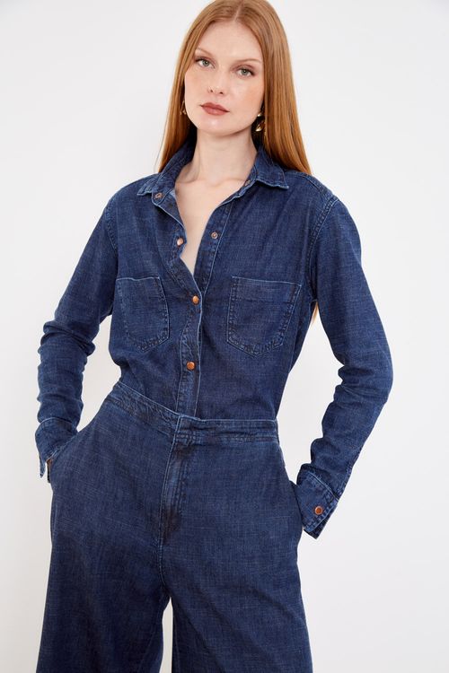 Camisa Jeans Bolsos Com Tampa - Jeans