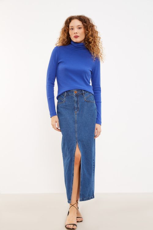 Blusa Malha Manga Longa Gola - Azul Real