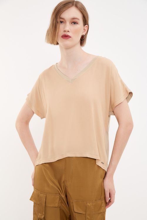 Blusa Malha Frente Tecido Decote v - Bege New