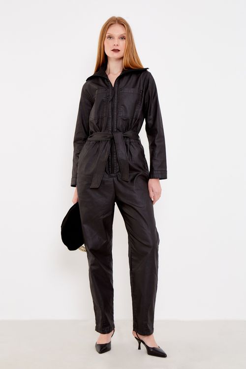 Macacão Sarja Cós Elástico - Preto