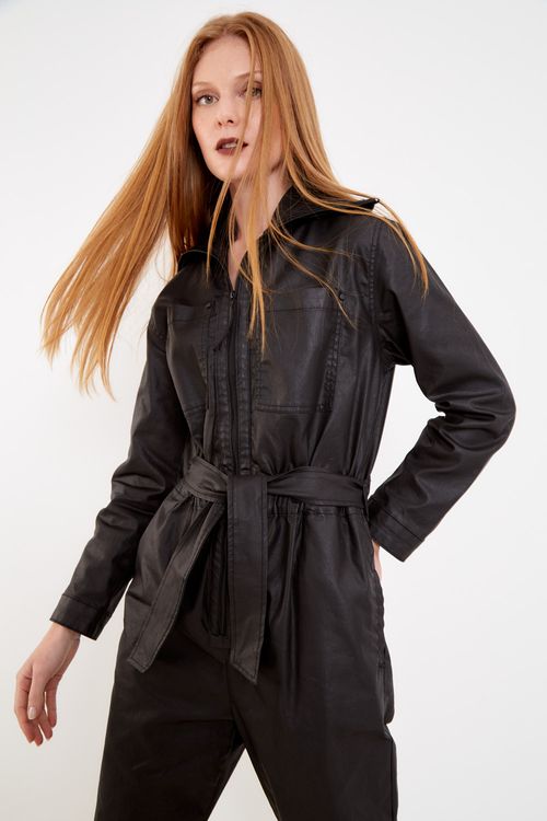 Macacão Sarja Cós Elástico - Preto