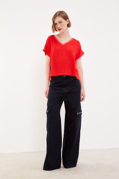 Blusa Malha Frente Tecido Decote v - Vermelho Cereja