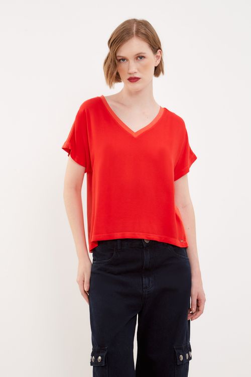 Blusa Malha Frente Tecido Decote v - Vermelho Cereja