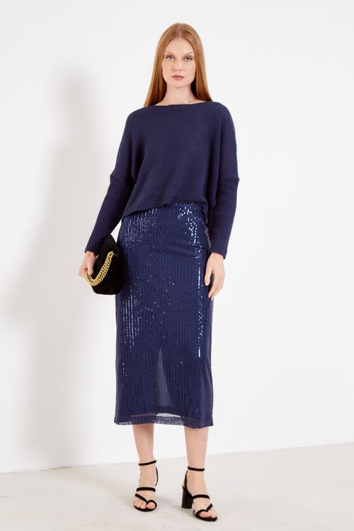 Blusa Tricot Com Punho - Azul Netuno