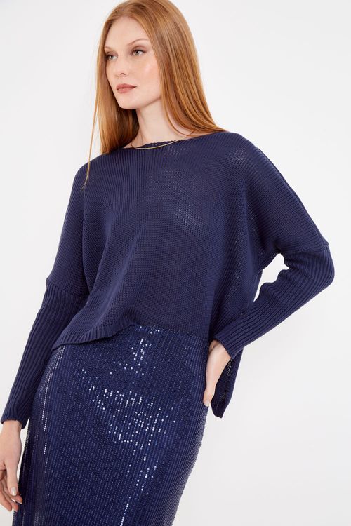 Blusa Tricot Com Punho - Azul Netuno