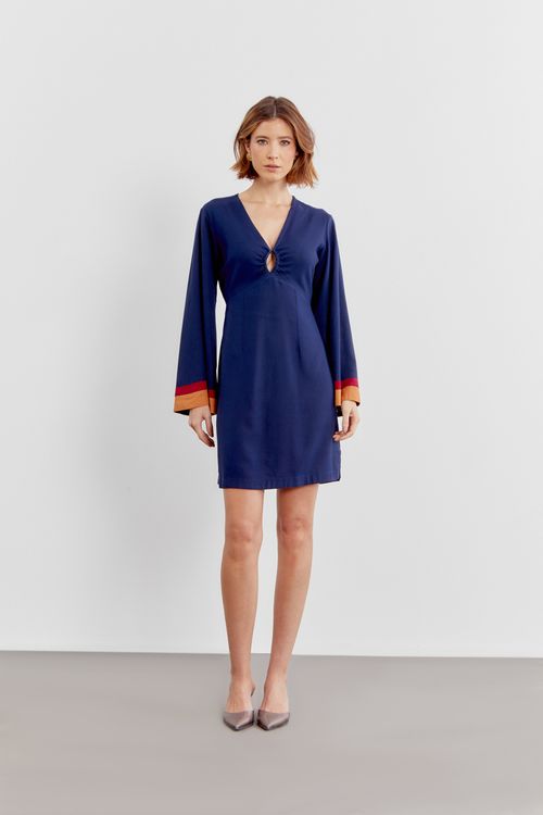 Vestido Linho Curto Three Color - Azul Marinho