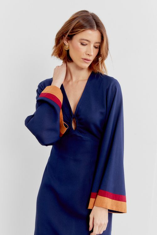 Vestido Linho Curto Three Color - Azul Marinho