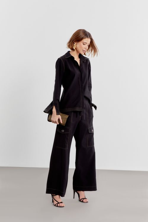 Camisa Tecido Cinturada - Preto