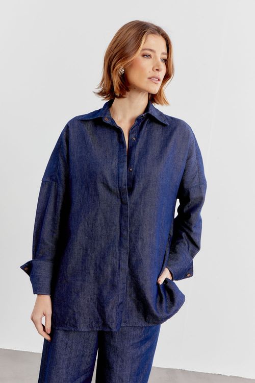 Camisa Jeans Botão Embutido - Jeans