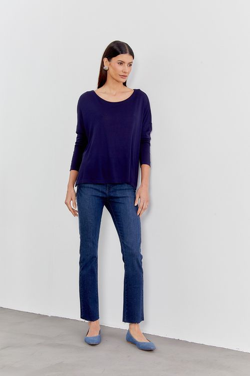 Blusa Malha Manga Franzida - Azul Marinho