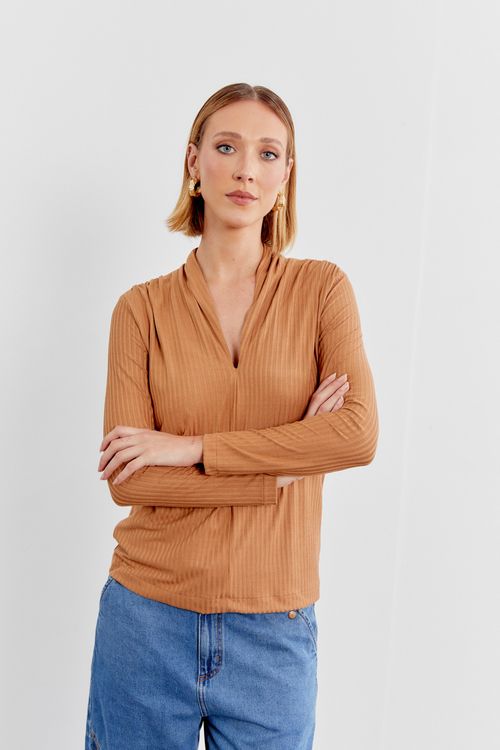 Blusa Malha Manga Longa - Marrom Fixo