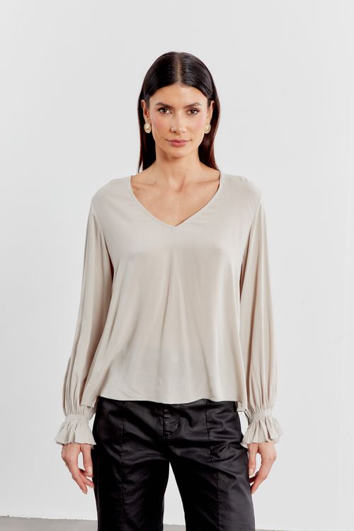 Blusa Decote v Manga Lastex - Cinza Blue