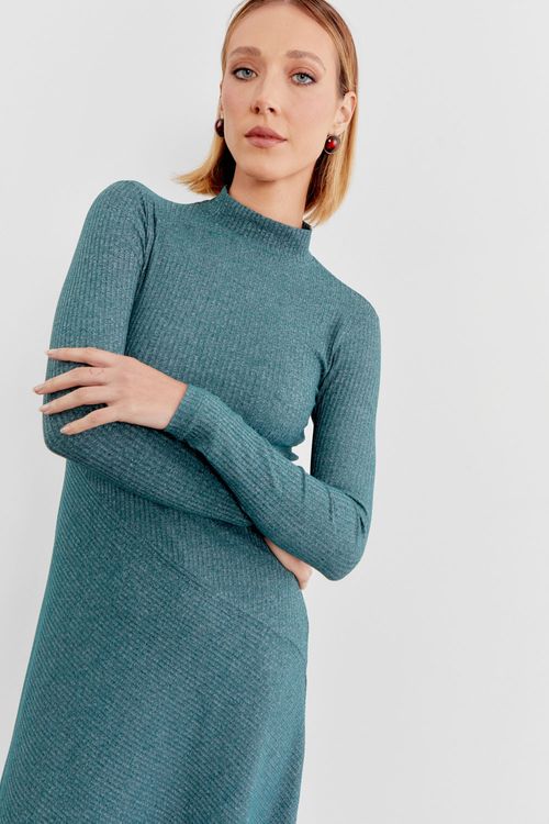 Vestido Malha Gola Canelada - Verde Noite