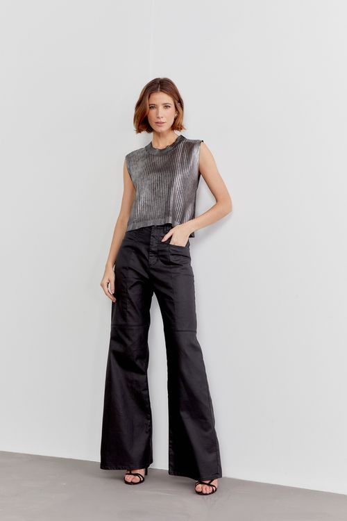 Calça Sarja Resinada Recortes - Preto