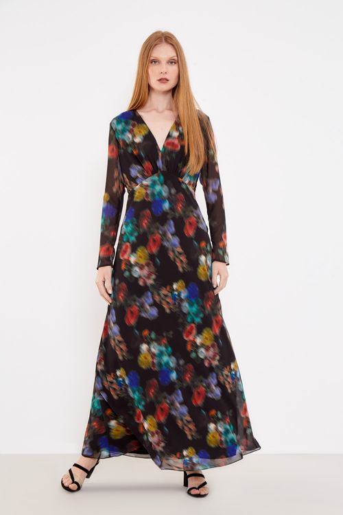 Vestido Longo Estampa Blur Preta Manga Longa - Est Blur Preta