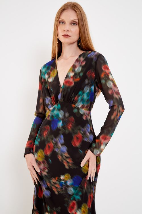 Vestido Longo Estampa Blur Preta Manga Longa - Est Blur Preta