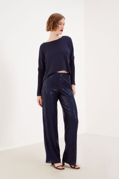 Calça Reta Paetê - Azul Netuno