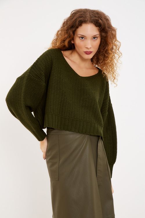 Blusa Decote v Ampla Tricot - Verde Ghaia