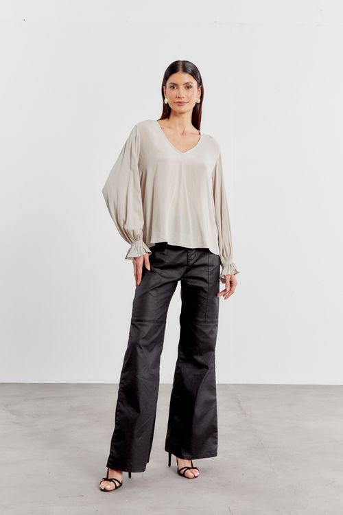 Blusa Decote v Manga Lastex - Cinza Blue