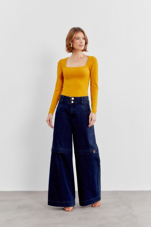 Blusa Tricot Decote Quadrado - Amarelo Ouro
