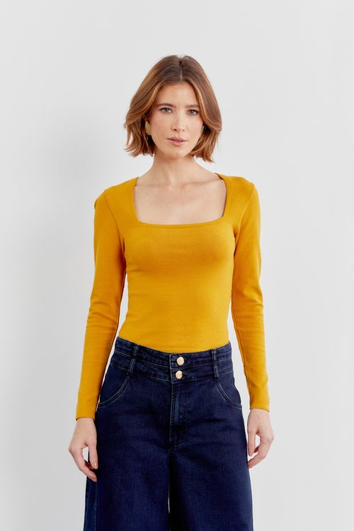 Blusa Tricot Decote Quadrado - Amarelo Ouro